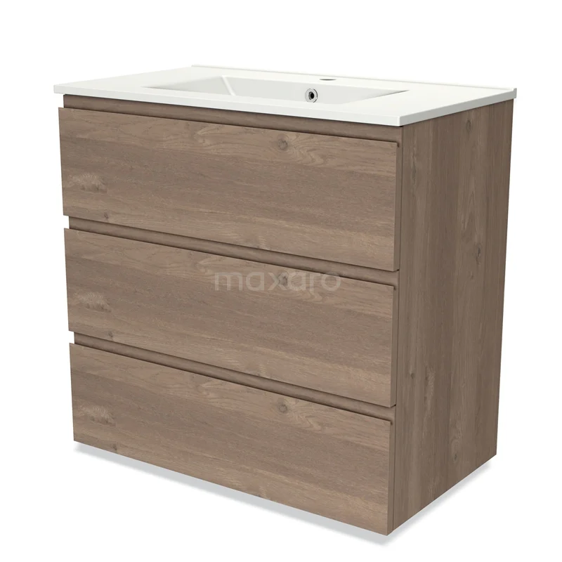 Modulo Vanity units with basin | 80 cm Mid brown oak Handle-less front Ceramic 3 drawers BMW19-02046