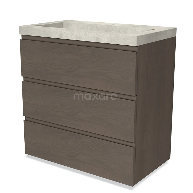 Badmöbel 80cm Modulo dunkelbraune Eiche 3 Schubladen griffloses Waschbecken Beton BMW19-02059 Brauner Holz-Badschrank mit drei Schubladen und einem Naturstein-Waschbecken, ideal für moderne Badezimmerlagerung.