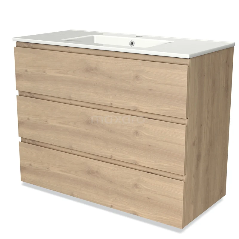 Badkamermeubel met wastafel, drielaags ladekast in licht eikenhout, modern design voor stijlvolle badkameropslag.