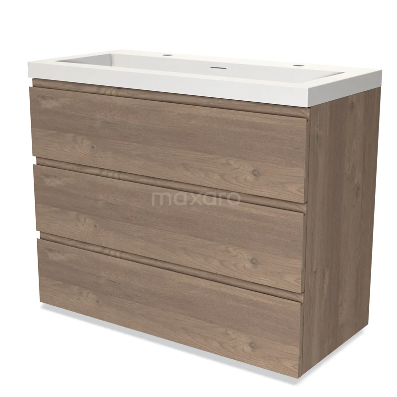 Modulo Vanity units with basin | 100 cm Mid brown oak Handle-less front Solid surface 3 drawers BMW19-02092