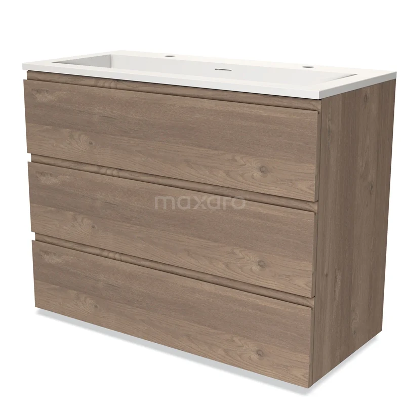 Modulo Vanity units with basin | 100 cm Mid brown oak Handle-less front Solid surface 3 drawers BMW19-02094