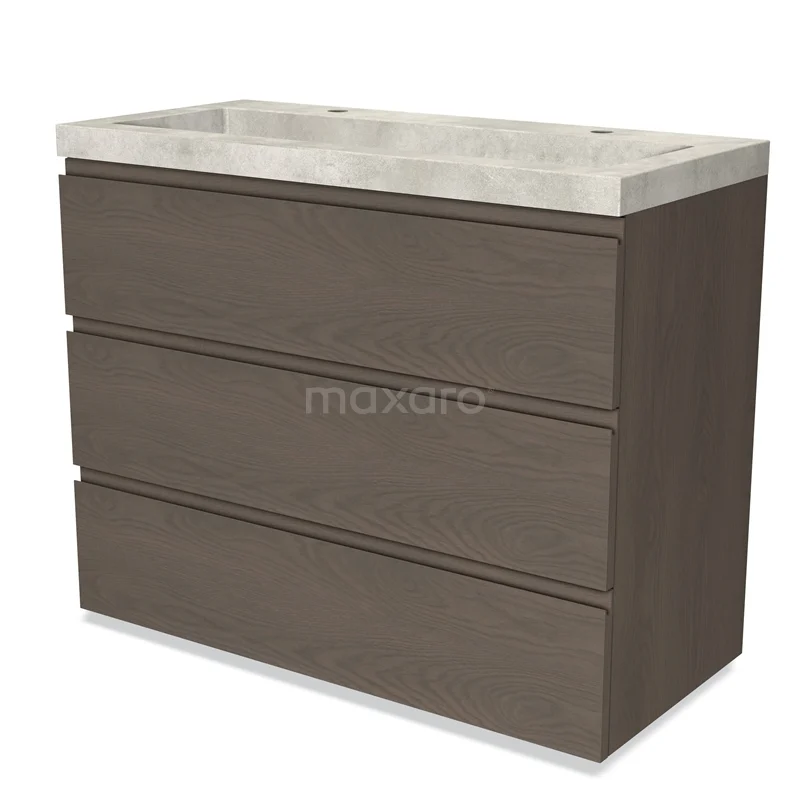 Modulo Vanity units with basin | 100 cm Dark brown oak Handle-less front Concrete 3 drawers BMW19-02119