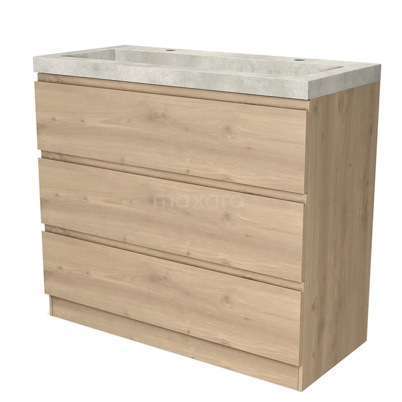 Houten badkamermeubel met drie lades en een wit marmeren wastafelblad, modern design voor stijlvolle badkameropslag.