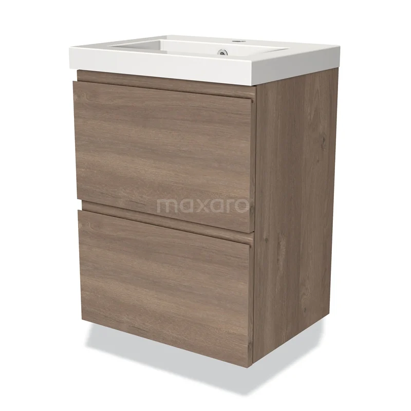 Modulo Slim Vanity units with basin | 50 cm Mid brown oak Handle-less front Mineral marble 2 Stacked drawers BMW37-00709