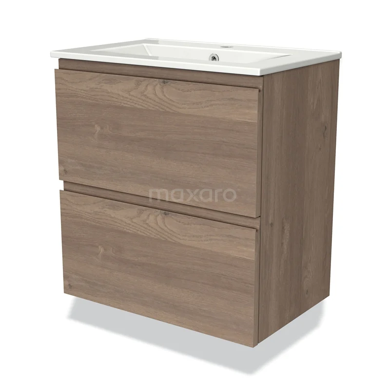 Modulo Slim Vanity units with basin | 60 cm Mid brown oak Handle-less front Ceramic 2 Stacked drawers BMW37-00725