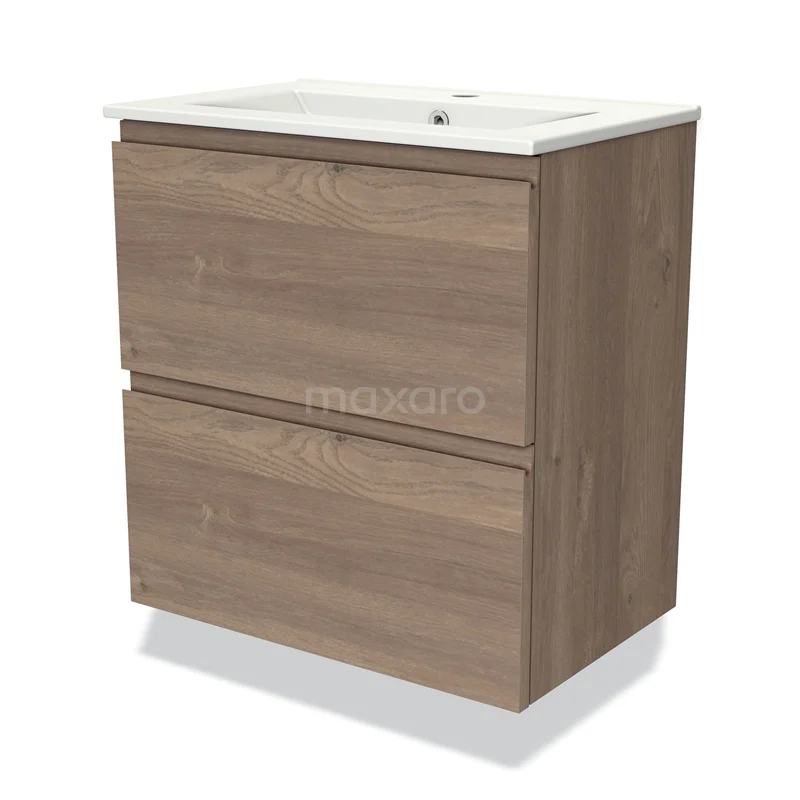 Modulo Slim Vanity units with basin | 60 cm Mid brown oak Handle-less front Ceramic 2 Stacked drawers BMW37-00726