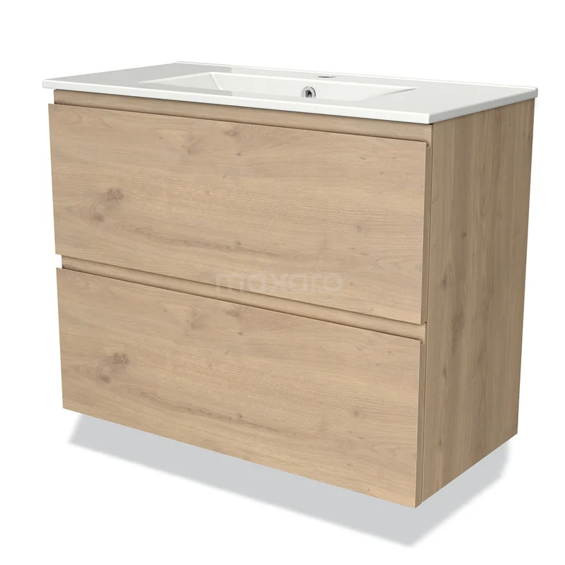 Modulo Slim Vanity units with basin | 80 cm Light brown oak Handle-less front Ceramic 2 Stacked drawers BMW37-00735