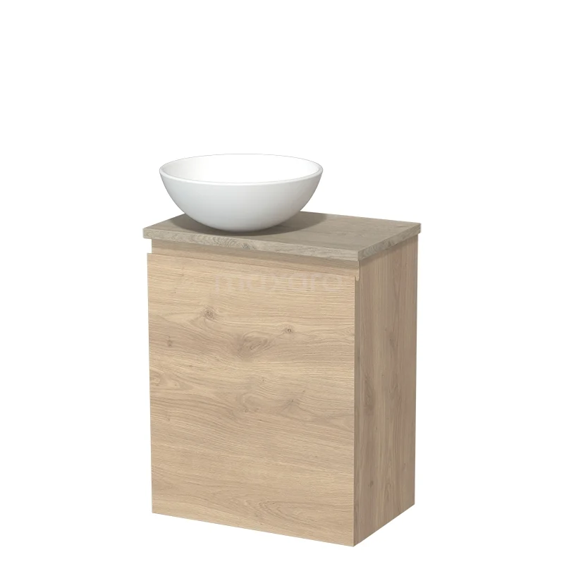 WC-Möbel mit Aufsatzwaschbecken | 41 cm Hellbraune Eiche Grifflose Front Matt Weiß Keramik Aufsatzwaschbecken Hellgraue Eiche Platte TMK10-08876 Holz-Badmöbel mit natürlicher Eiche-Optik und keramischem Aufsatzwaschbecken, ideal für eine moderne Badezimmergestaltung.