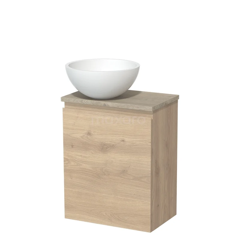 WC-Möbel mit Aufsatzwaschbecken | 41 cm Hellbraune Eiche Grifflose Front Matt Weiß Solid Surface Aufsatzwaschbecken Hellgraue Eiche Platte TMK10-08878 Eichen Badezimmermöbel mit weißem Aufsatzwaschbecken, kompaktes Design, ideal für moderne Bäder.