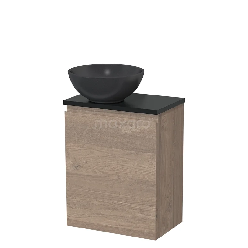 WC-Möbel mit Aufsatzwaschbecken | 41 cm Mittelbraune Eiche Grifflose Front Matt Schwarz Quarz Aufsatzwaschbecken Matt Schwarz Platte TMK10-08952 Kompakte Badmöbelset mit Schwarz Waschbecken, Holzlook Schrank und modernem Design, ideal für kleine Bäder.