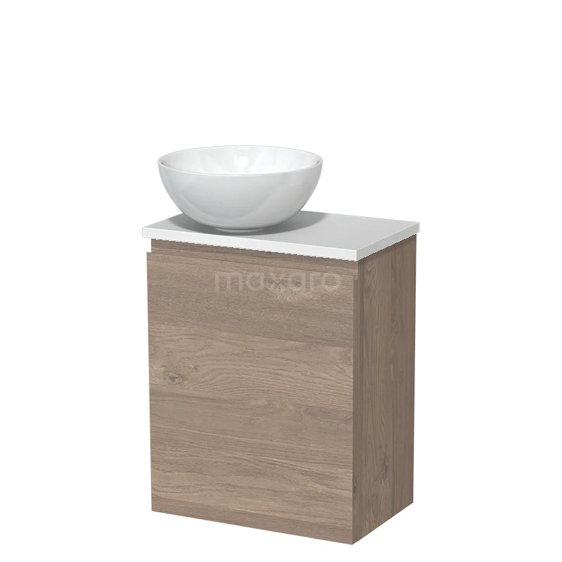 WC-Möbel mit Aufsatzwaschbecken | 41 cm Mittelbraune Eiche Grifflose Front Hochglanz Weiß Keramik Aufsatzwaschbecken Matt Weiß Platte TMK10-08973 Holz Badezimmermöbel mit weißer Keramikschale, kompaktes Design und modernem Stil, ideal als Waschbecken für kleine Bäder.