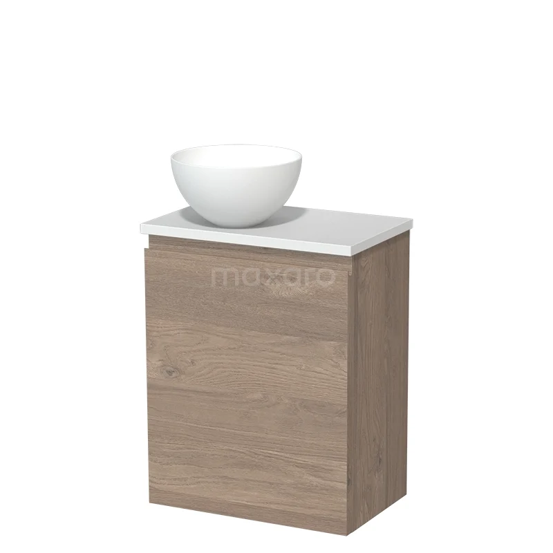 Badkamerkast met waskom, houtlook met eikenfinish, compact ontwerp, inclusief witte keramische waskom en wit bovenblad.