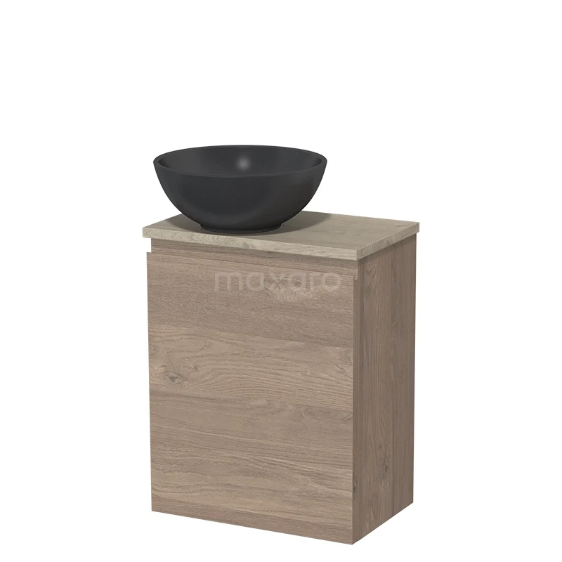 Houten badkamermeubel met een donkergrijze waskom van natuursteen, compacte vorm ideaal voor kleine badkamers.