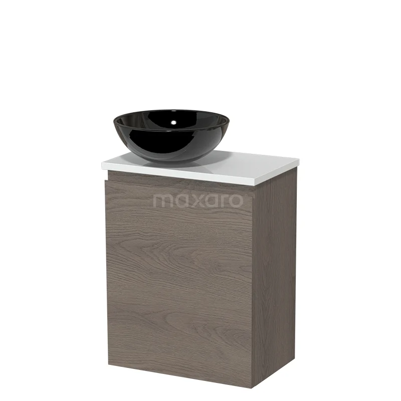 Toilet unit with countertop wash basin | 41 cm Dark brown oak Handleless front High-gloss black Ceramic wash basin High-gloss white worktop TMK10-09104