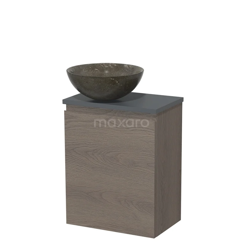 WC-Möbel mit Aufsatzwaschbecken | 41 cm Dunkelbraune Eiche Grifflose Front Blaustein Naturstein Aufsatzwaschbecken Dunkelgraue Platte TMK10-09130 Holz-Waschtisch mit grauem Naturstein-Aufsatzwaschbecken, kompaktes Badezimmerdesign, ideal für moderne oder kleine Bäder.