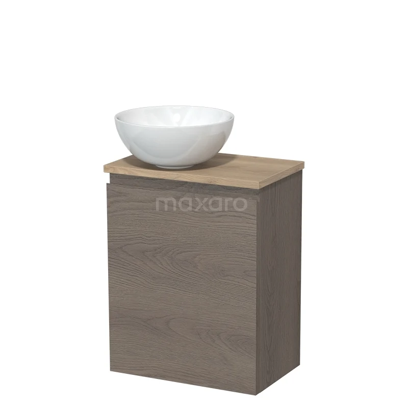 Toilet unit with countertop wash basin | 41 cm Dark brown oak Handleless front High-gloss white Ceramic basin Light brown oak worktop TMK10-09163