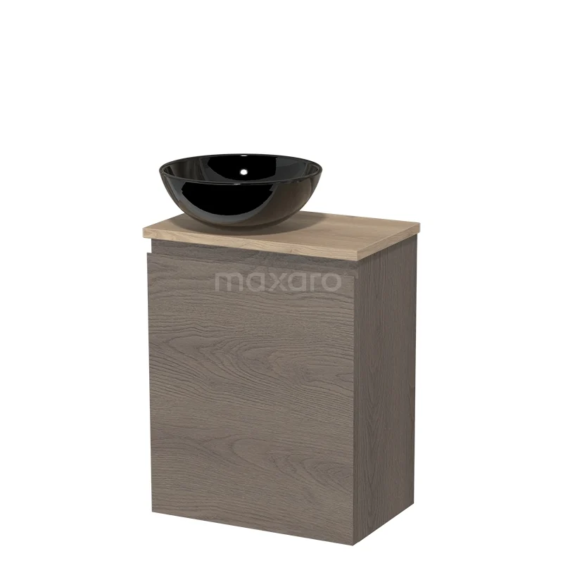 Toilet unit with countertop wash basin | 41 cm Dark brown oak Handleless front High-gloss black Ceramic wash basin Light brown oak worktop TMK10-09164
