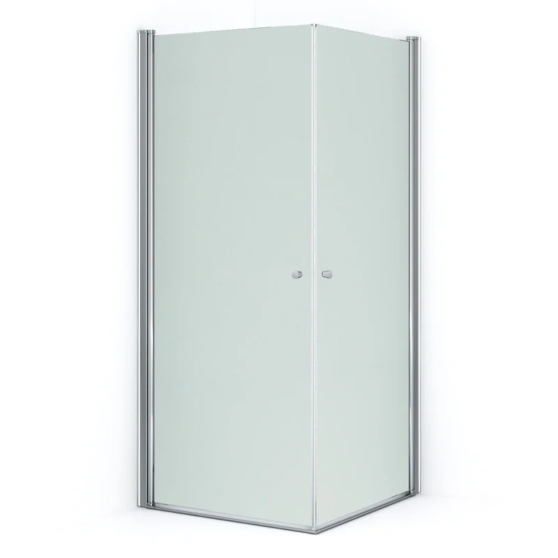 Hoekdouchecabine met mat glazen deuren en aluminium profielen, compact design voor moderne badkamer.