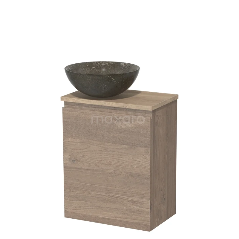 WC-Möbel mittelbraune Eiche grifflose Front Blaustein Natursteinbecken hellbraune Eiche Platte TMK10-09450 Holz Badschrank mit Waschbecken aus Dunkelgrau Naturstein, kompaktes Design und moderne Verarbeitung für stilvolle Badezimmergestaltung.