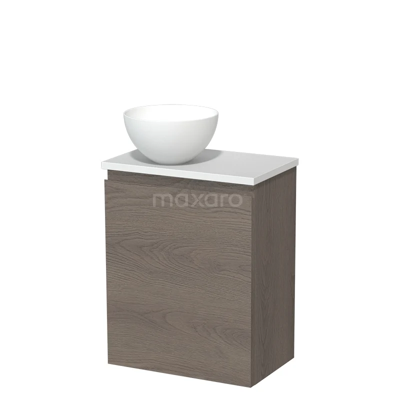Toilet unit with countertop wash basin | 41 cm Dark brown oak Handleless front Matte white Solid surface wash basin Matte white worktop TMK10-09539