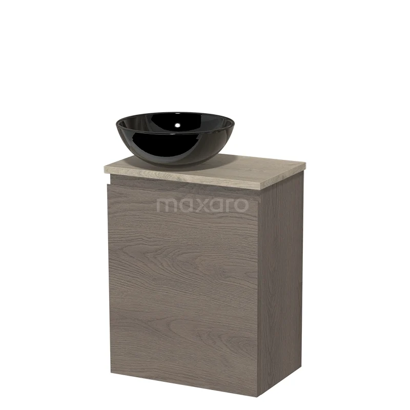 Toilet unit with countertop wash basin | 41 cm Dark brown oak Handleless front High-gloss black Ceramic wash basin Light grey oak worktop TMK10-09574