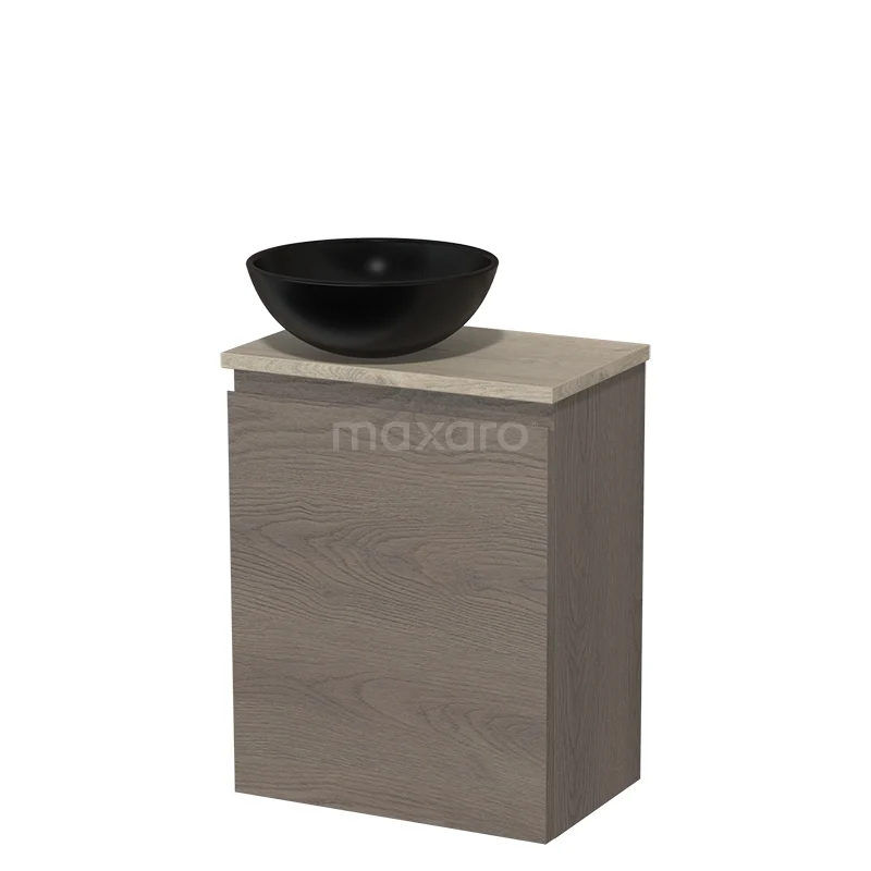 Toilet unit with countertop wash basin | 41 cm Dark brown oak Handleless front Matte black Ceramic basin Light grey oak worktop TMK10-09575