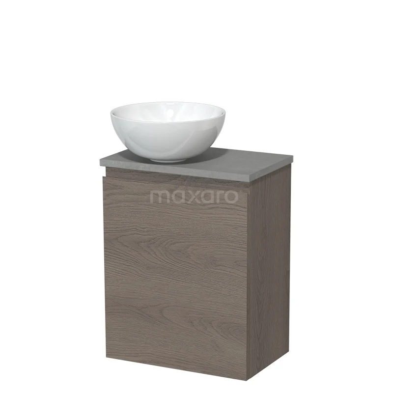 Toilet unit with countertop wash basin | 41 cm Dark brown oak Handleless front High-gloss white Ceramic wash basin Light grey concrete fronts TMK10-09623