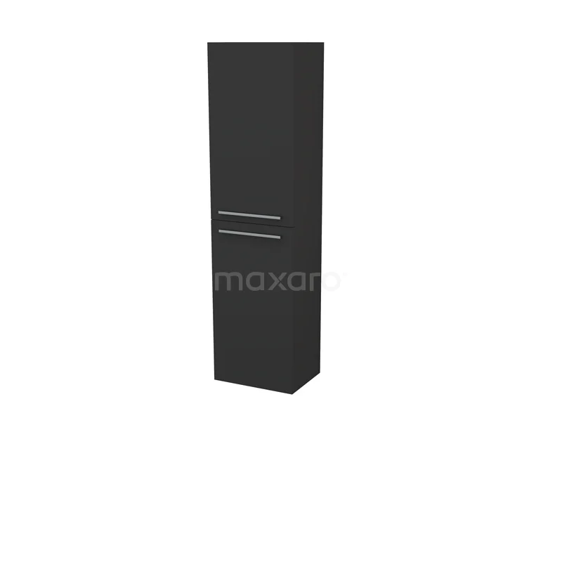 Box Badkamerkast | 150 cm Zwart front 4 vakken BKK27-00002 Mat zwarte badkamerkast met slanke, verticale vorm, twee deuren en eigentijdse handgrepen voor moderne badkameropslag.