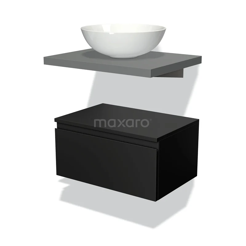 Modulo Plato Badmöbel mit Aufsatzwaschbecken | 60 cm Matt Schwarz Grifflos front Mittelgrau blatt Tief hängend BMK32-00182 Zwevende Waschbecken Set mit Schwarz Schrank, Grau Platte und Weiße Schüssel, perfekt als moderne Badezimmerlösung.