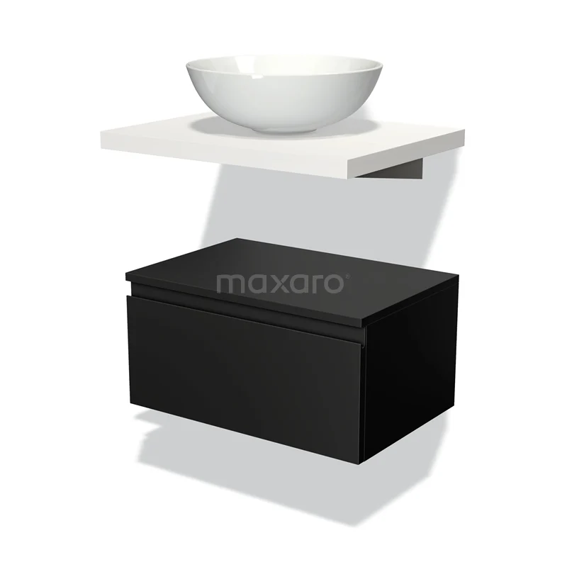 Black wooden vanity unit with white ceramic countertop wash basin, modern bathroom design, suitable for small spaces.