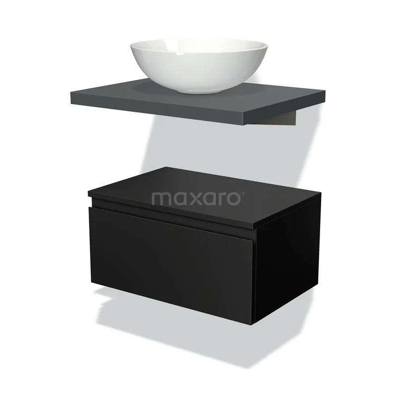 Black bathroom furniture set with matte black drawers, grey shelf and white round countertop wash basin, modern design for stylish bathrooms.