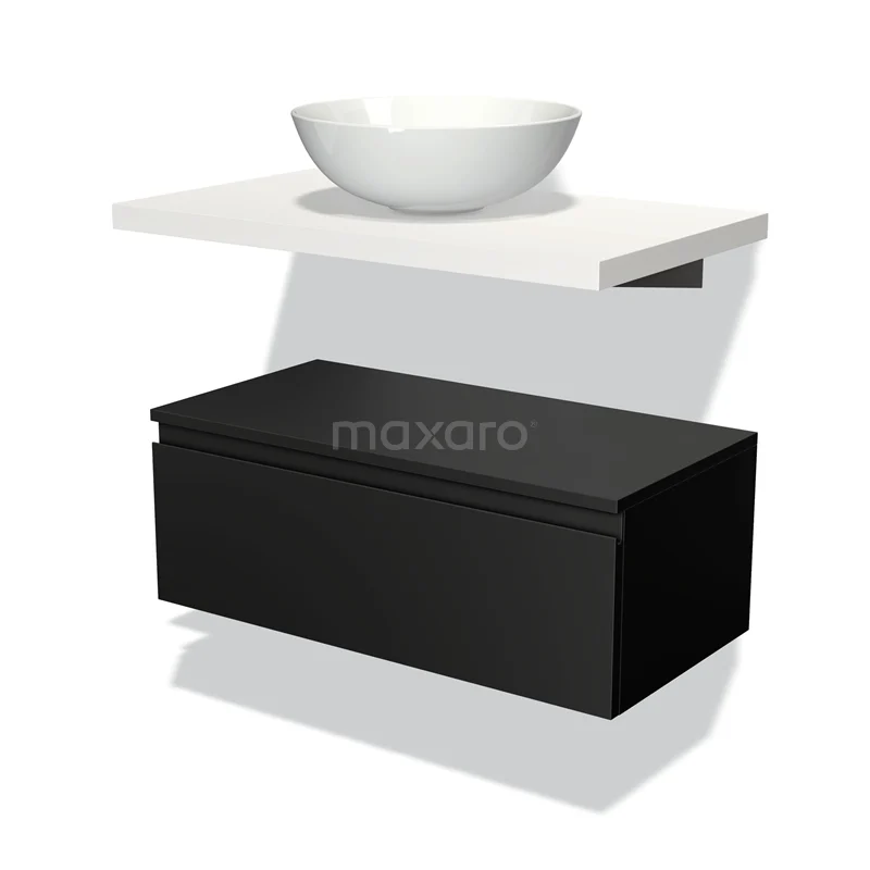 Badmöbel für Waschtischunterschrank mit Konsole 80 cm Modulo Plato Matt Schwarz 1 Schublade Grifflos Matt Weiße Platte BMK32-00204 Zweifach Schwarz Badezimmermöbel mit weißem keramischen Aufsatzwaschbecken und schicker Waschtischplatte, modernes Design.