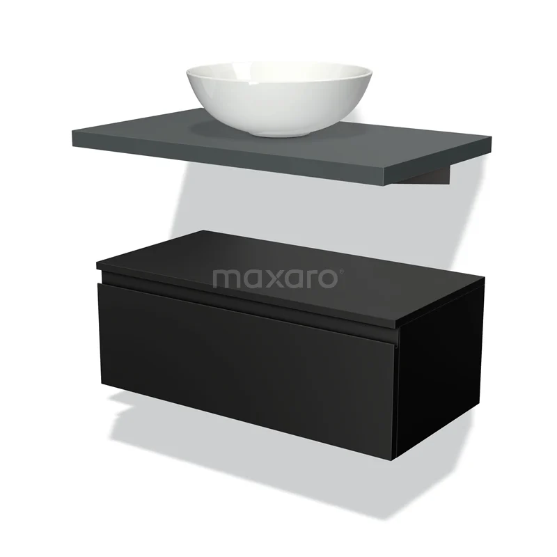 Badmöbel für Waschtischunterschrank mit Konsole 80 cm Modulo Plato Matt Schwarz 1 Schublade Grifflos Dunkelgrau Platte BMK32-00206 Schwarzer hängender Badschrank mit matter Oberfläche, graue Waschtischplatte und rundem weißen Aufsatzwaschbecken, modernes und minimalistisches Design.