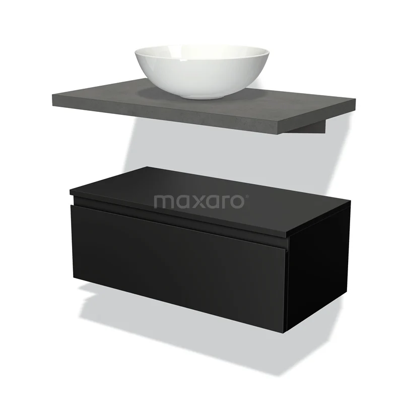 Badmöbel für Aufsatzwaschbecken 80 cm Modulo Plato Matt Schwarz 1 Schublade Grifflos Dunkelgrau Beton Platte BMK32-00220 Schwarze Badmöbelset mit Holzregal, keramischem Aufsatzwaschbecken und Schublade; elegantes Design für einen modernen Badezimmerraum.