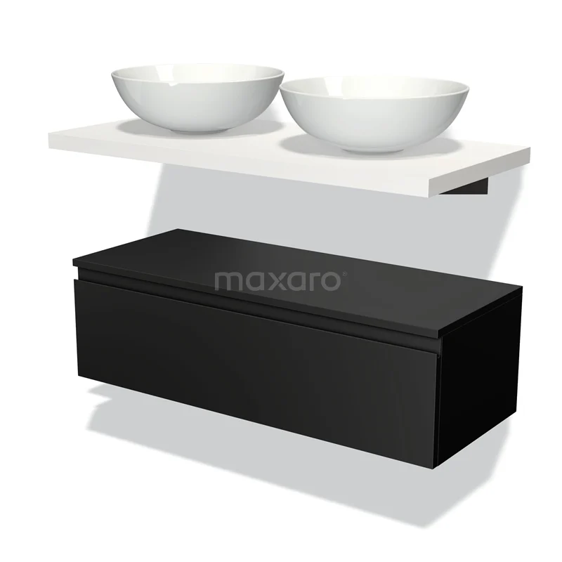 Badmöbel für Aufsatzwaschbecken 100 cm Modulo Plato Matt Schwarz 1 Schublade Grifflos Matt Weiß Platte BMK32-00224 Schwarze Badmöbelset mit weißer schwebender Platte und doppelten runden Waschbecken, modernes Design und klare Verarbeitung.