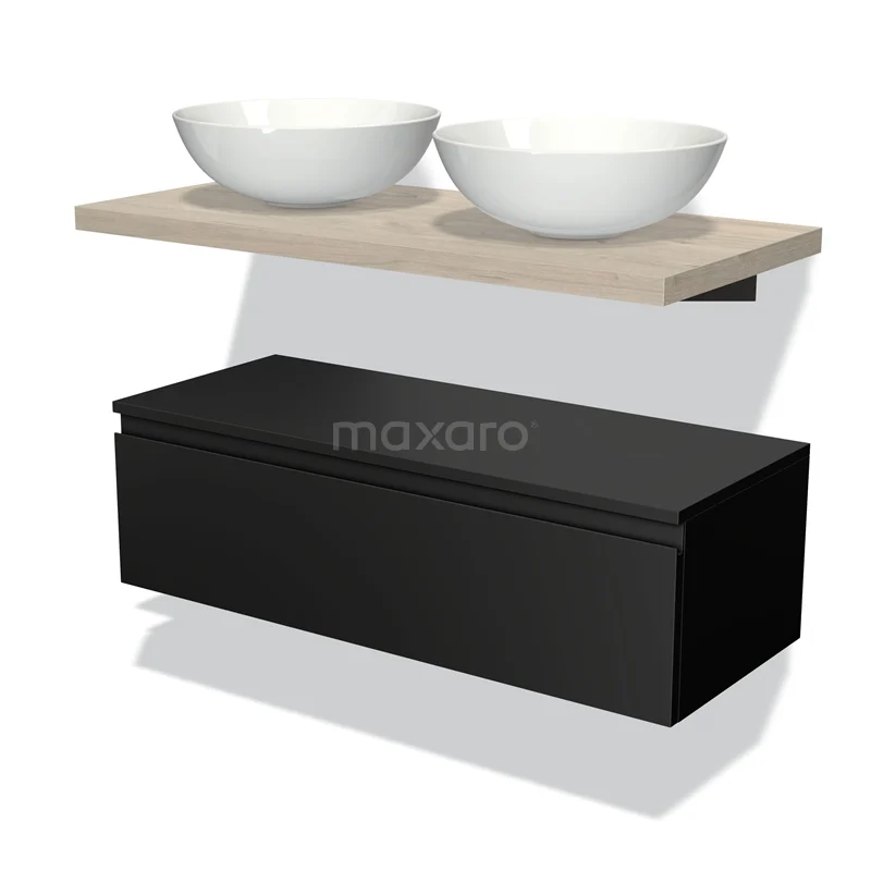 Black bathroom furniture set with wooden shelf, two white round countertop wash basins and a sleek matte finish.