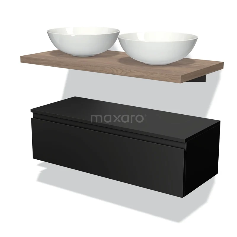 Floating bathroom furniture set in black with drawers, wooden worktop and two white round countertop wash basins. Modern and stylish design.