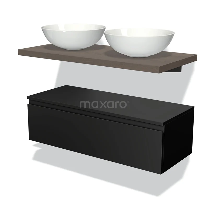Floating black wash basin set with wooden shelf and double white countertop wash basins, modern design for the bathroom.