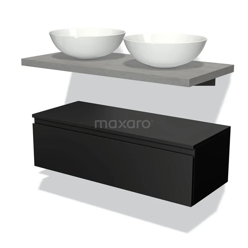 Badmöbel für Aufsatzwaschbecken 100 cm Modulo Plato Matt Schwarz 1 Schublade Grifflos hellgrauer Beton Platte BMK32-00238 Zweites Badezimmermöbelset mit schwarzer Schublade, grauer Platte und zwei runden weißen Aufsatzwaschbecken, modernes und elegantes Design.