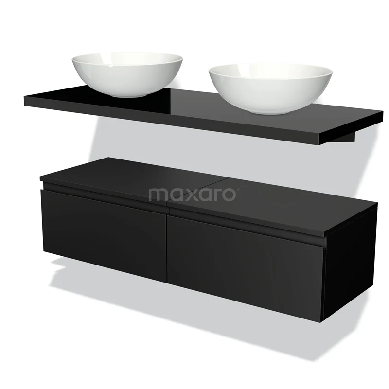 Badmöbel für Waschtischunterschrank mit Konsole 120 cm Modulo Plato Matt Schwarz 2 Schubladen Grifflos Hochglanz Schwarz Platte BMK32-00248 Schwarzes schwebendes Badmöbelset mit Doppelwaschbecken aus Keramik, modernes Design und klare Verarbeitung.