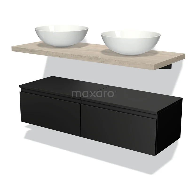 Badmöbel für Aufsatzwaschbecken 120 cm Modulo Plato Matt Schwarz 2 Schubladen Grifflos hellgraue Eiche Platte BMK32-00252 Zweites Badezimmermöbelset mit schwarzem Unterkasten, hölzerner Waschtischplatte und doppelten runden weißen Aufsatzwaschbecken, modernes Design.