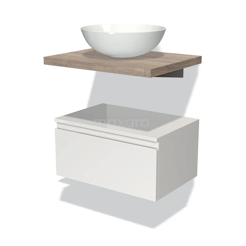Wall-mounted bathroom unit with white drawer, wood-coloured worktop and round countertop wash basin, modern design for stylish bathrooms.