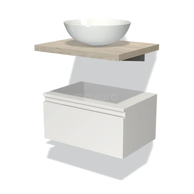 White floating bathroom unit with wooden shelf, round basin and chest of drawers, ideal for a modern bathroom design.