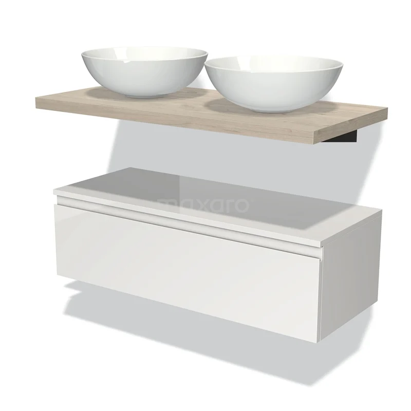 Badmöbel für Aufsatzwaschbecken 100 cm Modulo Plato Hochglanz Weiß 1 Schublade Grifflos Hellgraue Eiche Platte BMK32-00332 Weißes Holz-Badmöbel mit zwei runden Aufsatzwaschbecken, schwebendes Design und moderner Look, perfekt für jedes Badezimmer.