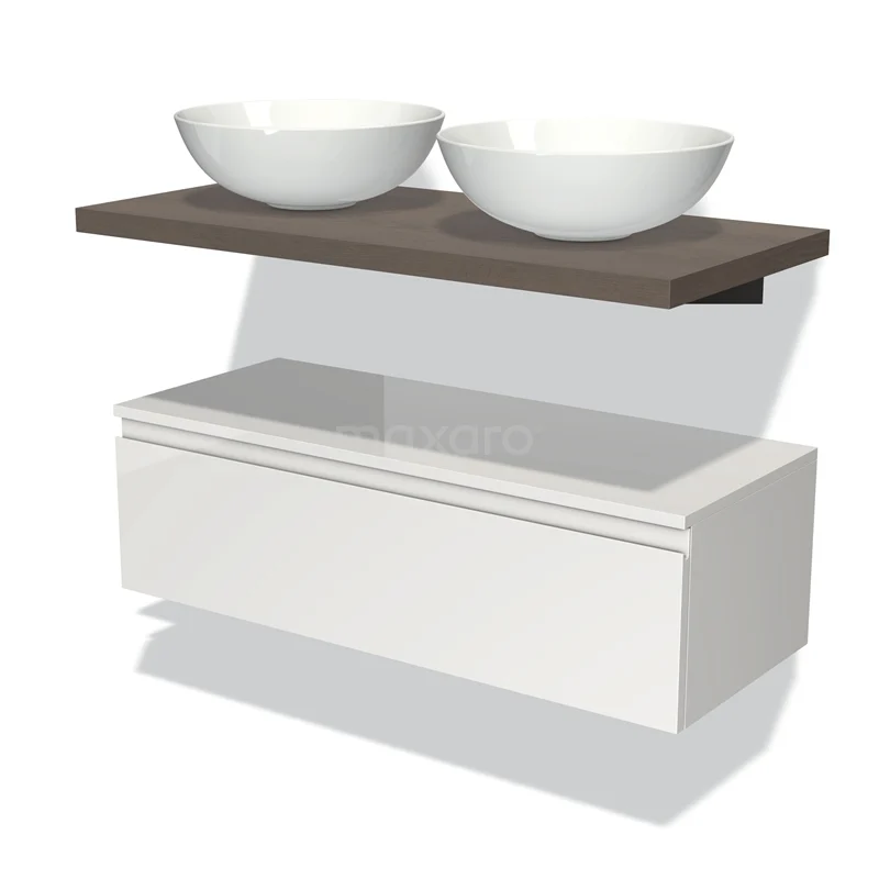 Badmöbel für Aufsatzwaschbecken 100 cm Modulo Plato Hochglanz Weiß 1 Schublade grifflos dunkelbraune Eiche Platte BMK32-00336 Weißes schwebendes Badmöbel mit Holzregal und doppeltem rundem Waschbecken, modernes Design für stilvolle Bäder.