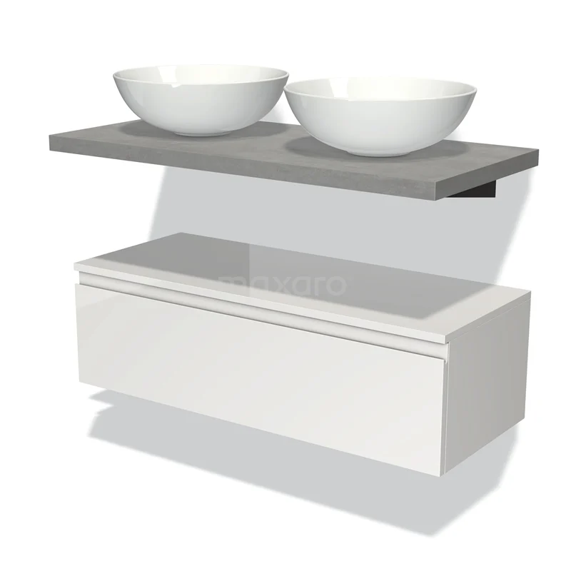 White bathroom furniture set with hanging basin, concrete worktop and double round basins, modern design.