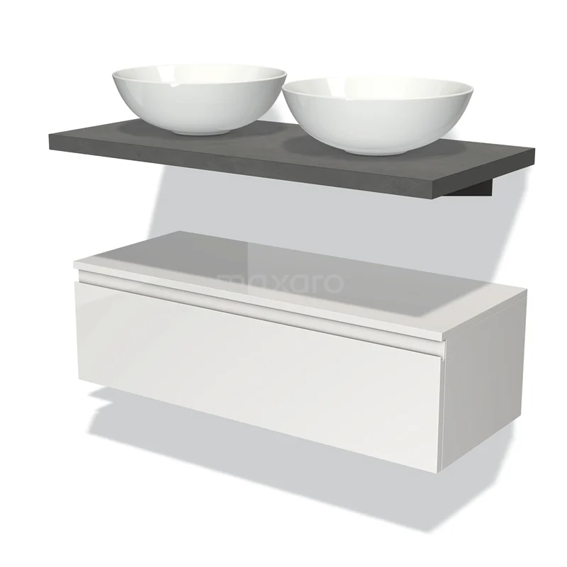 White floating bathroom unit with dark grey worktop and two round basins, modern design made of high-quality materials.