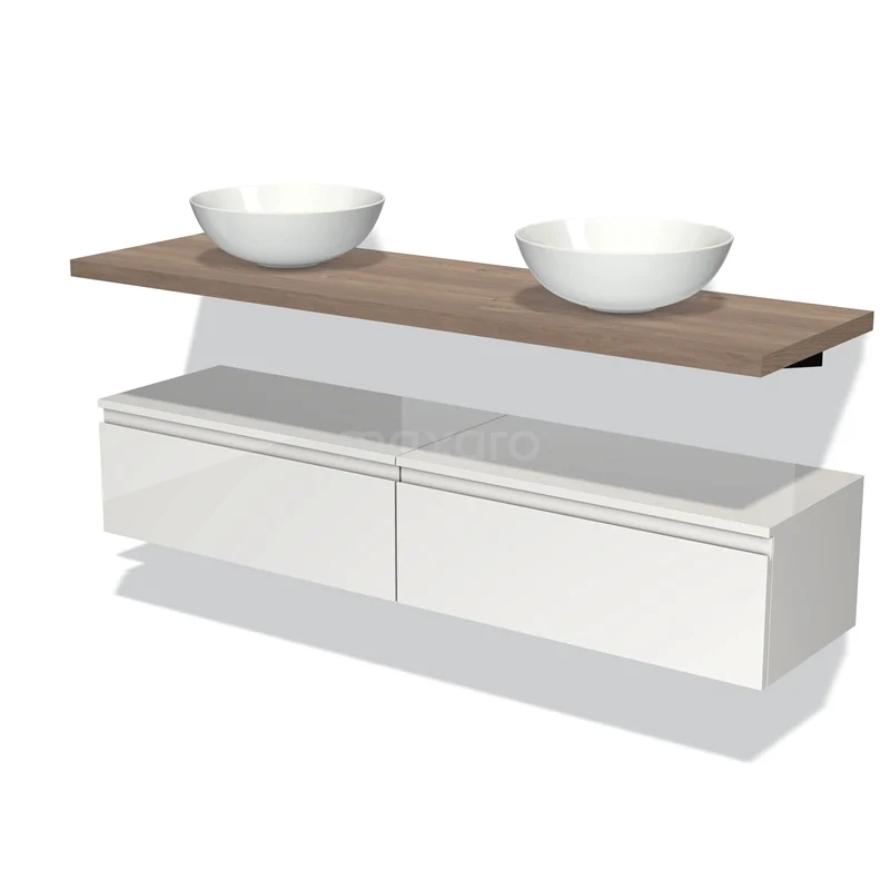 Badmöbel für Aufsatzwaschbecken 160 cm Modulo Plato Hochglanz Weiß 2 Schubladen Grifflos Mittelbraune Eiche Platte BMK32-00374 Weißes schwebendes Badmöbel mit Holzplatte und doppelten Aufsatzwaschbecken, modernes Design, ideal für eine schlichte Badezimmergestaltung.