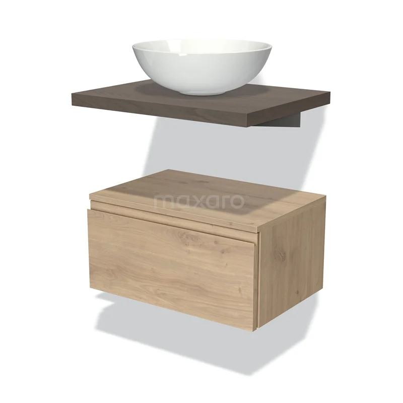 Wooden bathroom furniture set with floating shelf, ceramic countertop wash basin and drawers in light Oak, ideal for modern bathroom design.