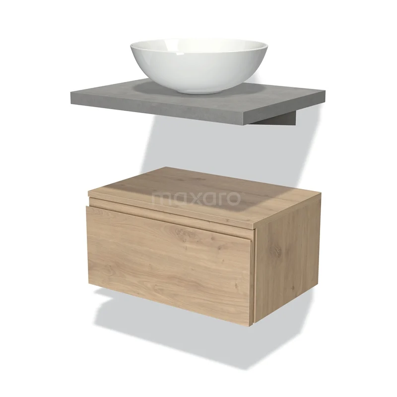 Modern bathroom furniture set with light grey oak chest of drawers, grey basin shelf and white round countertop wash basin.